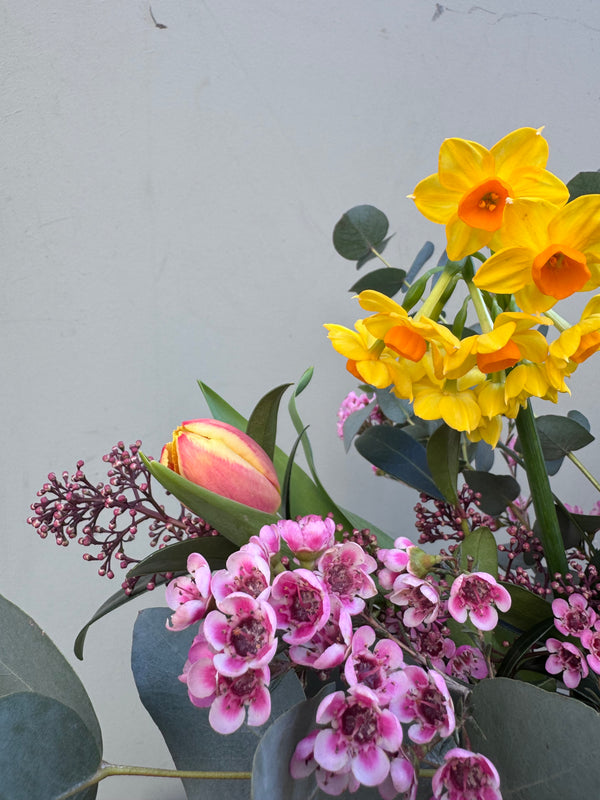 June (A seasonal, scented mix of narcissi, hyacinths, tulips, waxflower and eucalyptus.)