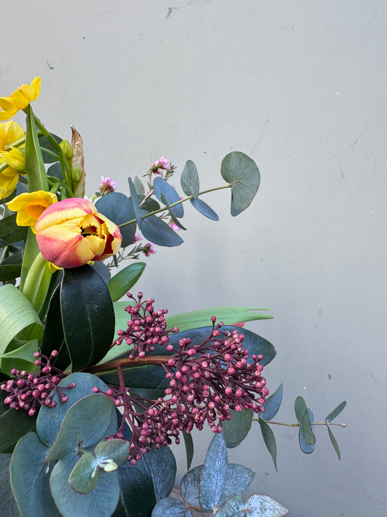 June (A seasonal, scented mix of narcissi, hyacinths, tulips, waxflower and eucalyptus.)