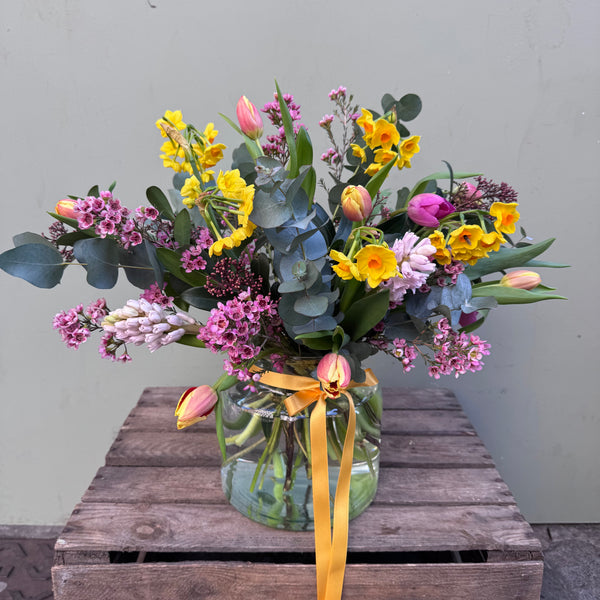 June (A seasonal, scented mix of narcissi, hyacinths, tulips, waxflower and eucalyptus.)